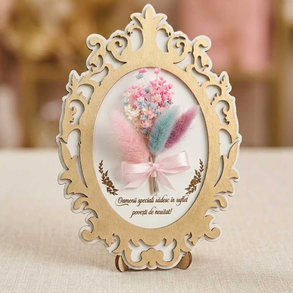 Camee din Lemn Personalizată - Mesaj Gravat & Flori Naturale